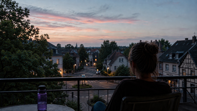 Frau sitzt am Abend auf dem Balkon und schaut auf die Siedlung