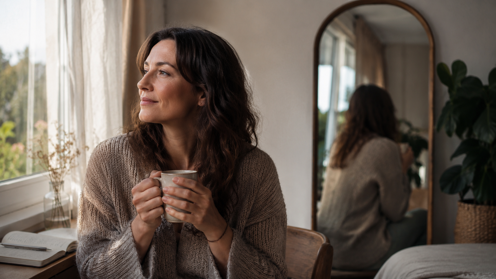 Frau sitzt mit Kaffe vor dem Fenster und blickt hinaus.